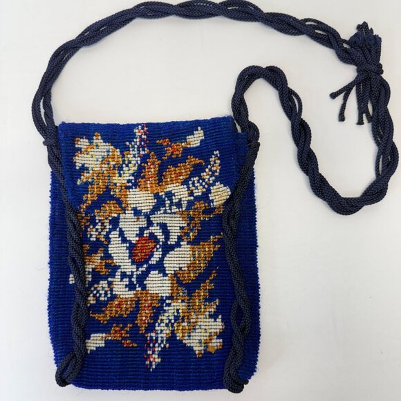 Vintage Floral Chenille Tapestry Bag Twisted Cord Strap Blue 70's Retro Boho - Picture 1 of 15